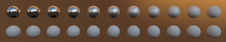 Rendering of spheres of increasing roughness using our multiple scattering BRDF, from left to right. Top row is metal, bottom rows are dielectric.